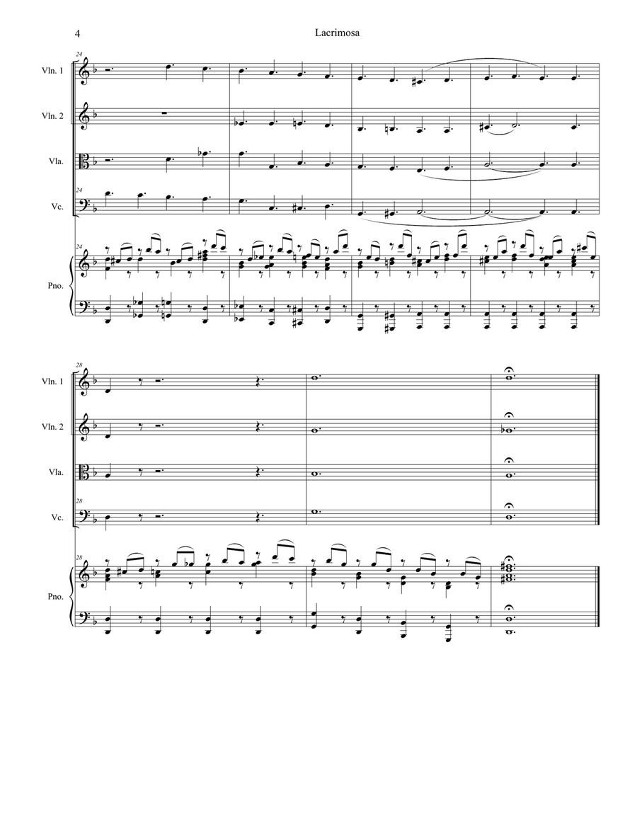 Lacrimosa (String Quartet and Piano) String Quartet scores gallery preview page 4