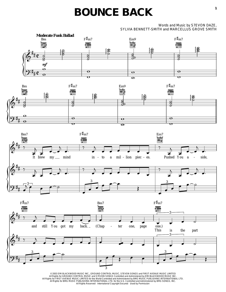 Bounce Back Piano, Vocal, Guitar scores gallery preview page 1