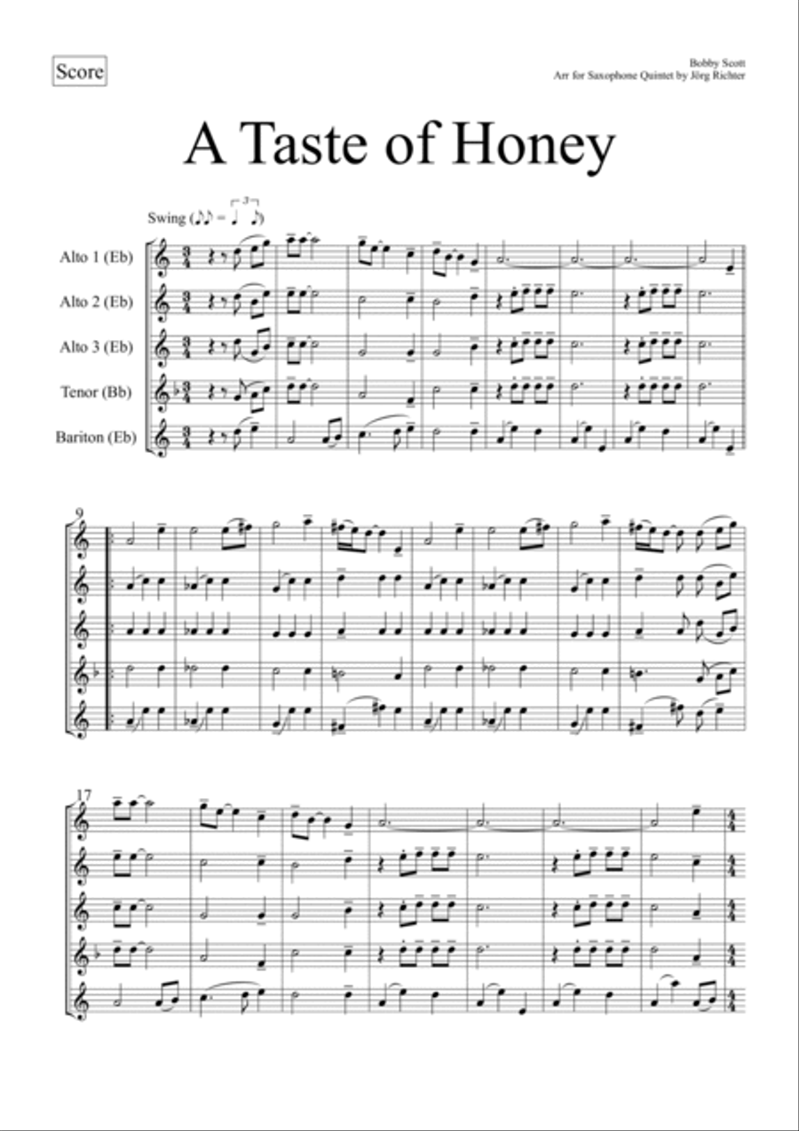A Taste Of Honey Saxophone Quintet scores gallery preview page 2