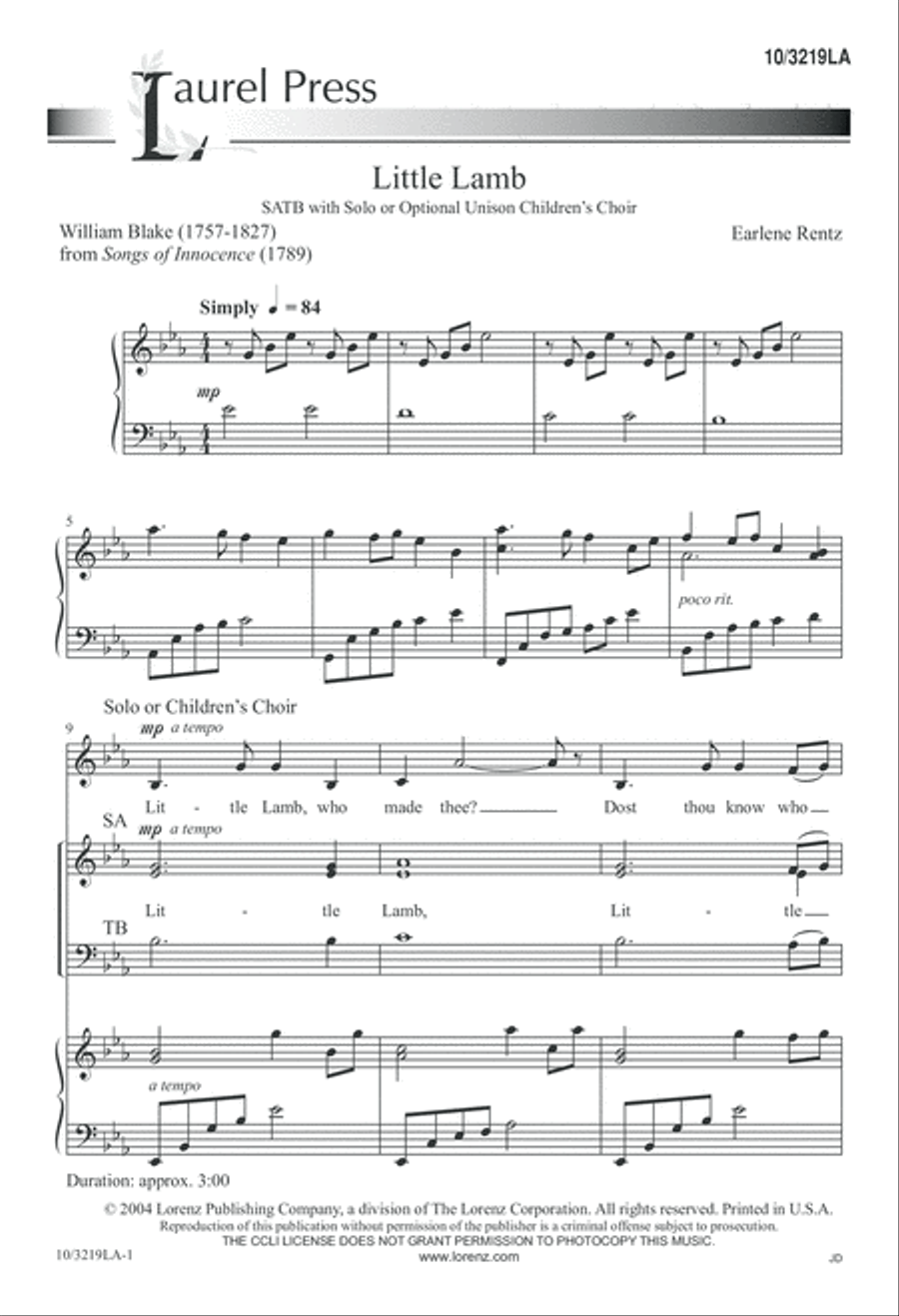 Little Lamb 4-Part scores gallery preview page 1