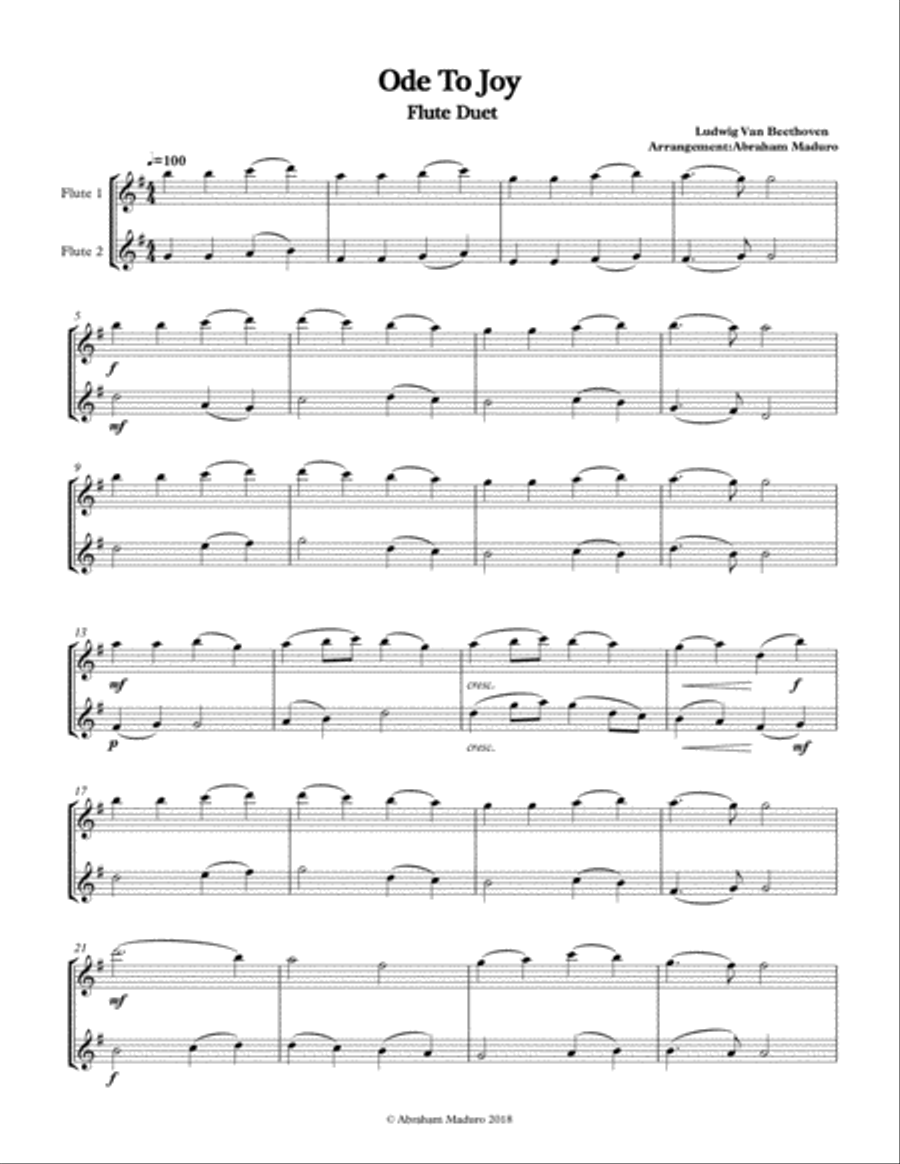 Beethoven`s Ode to Joy Flute Duet-Three Tonalities Included Flute Duet scores gallery preview page 6
