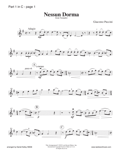 Nessun Dorma from Turandot for String Trio (or Wind Trio or Mixed Trio) Music for Three