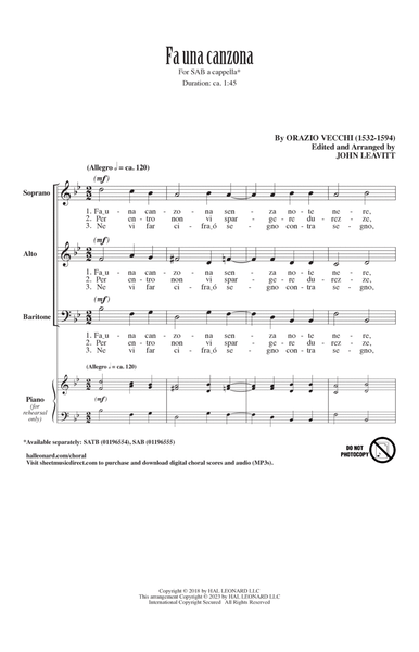 Fa Una Canzona (arr. John Leavitt) by Orazio Vecchi 3-Part - Digital Sheet Music