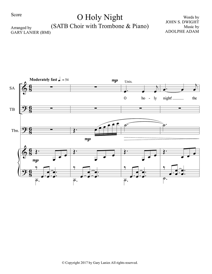 O HOLY NIGHT (SATB Choir with Trombone & Piano - Score & Parts included) 4-Part scores gallery preview page 2