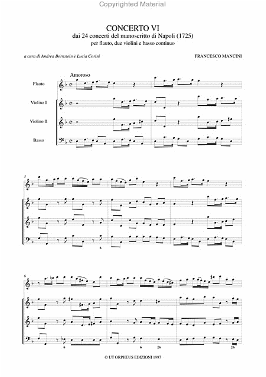 Concerto No. 6 from the 24 Concertos in the Naples manuscript (1725) for Treble Recorder (Flute), 2 Violins and Continuo