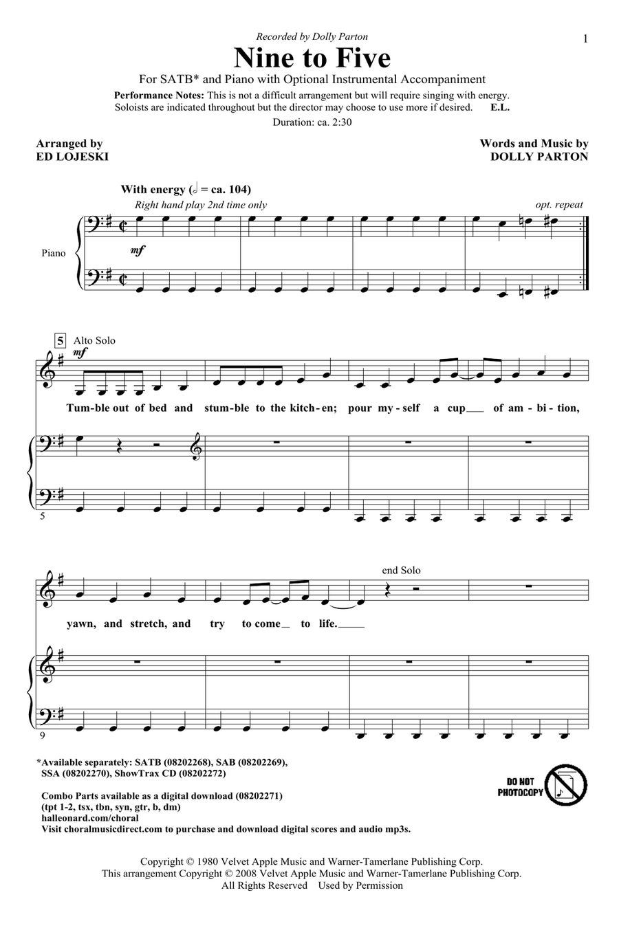 Nine To Five (arr. Ed Lojeski) 4-Part scores gallery preview page 1