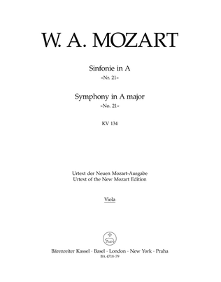 Book cover for Symphony, No. 21 A major, KV 134