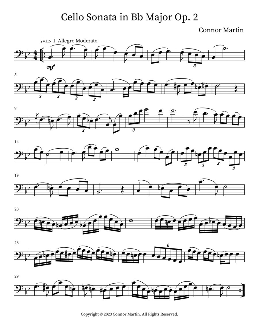 Cello Sonata in Bb Major Op. 2 Cello Solo scores gallery preview page 1
