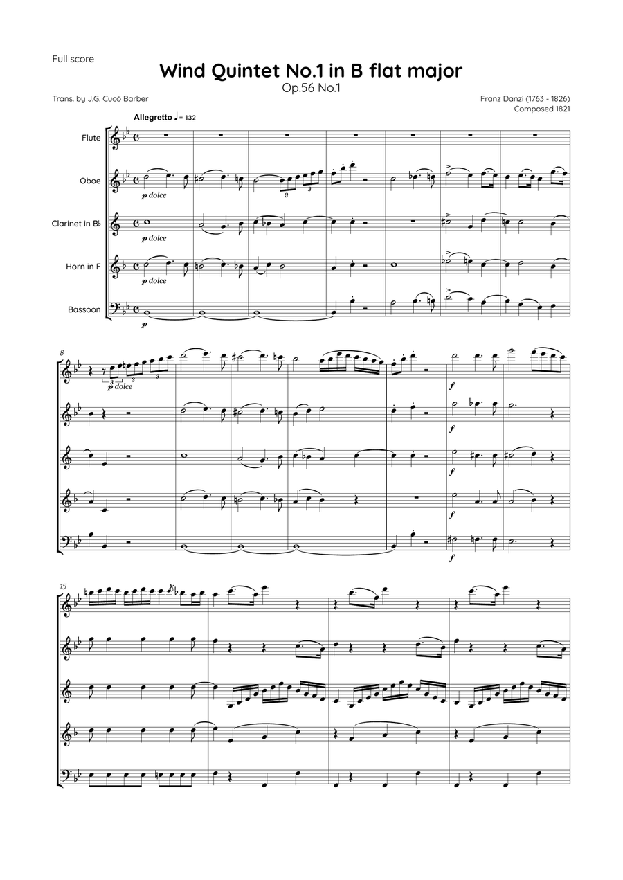 Danzi - Wind Quintet No.1 in B flat major, Op.56 No.1 Woodwind Quintet scores gallery preview page 2