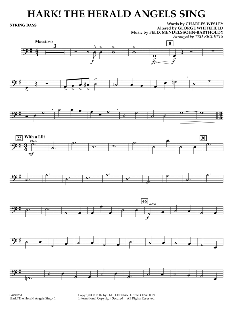 Hark! The Herald Angels Sing (arr. Ted Ricketts) - String Bass Full Orchestra scores gallery preview page 1