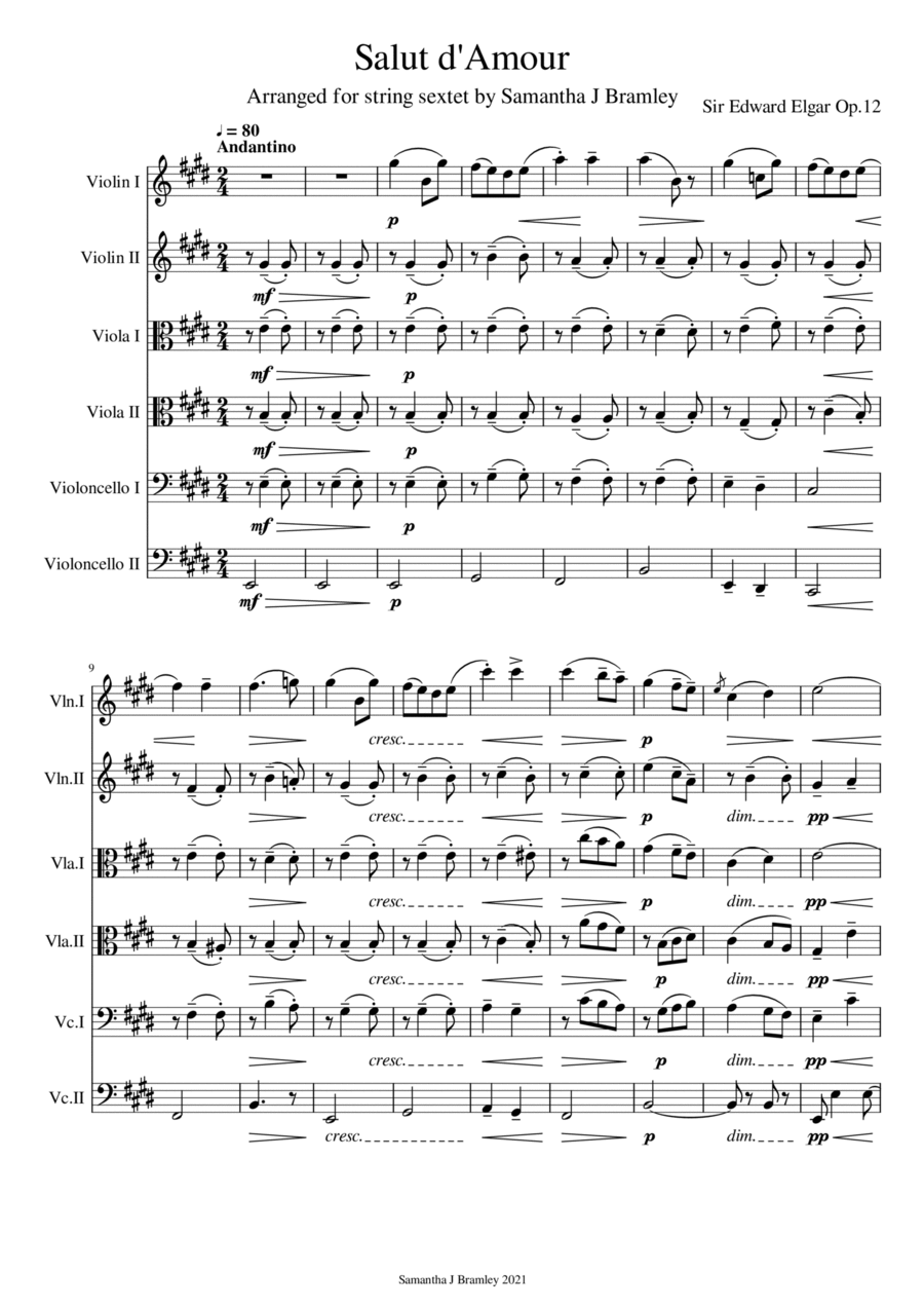 Salut d'Amour for string sextet Set of Parts scores gallery preview page 1