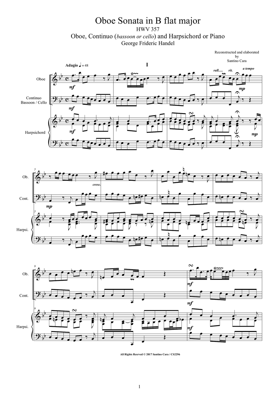 Handel - Oboe Sonata in B flat HWV 357 for Oboe, Continuo and Harpsichord or Piano Small Ensemble scores gallery preview page 1
