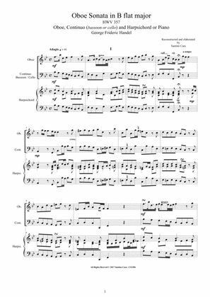 Handel - Oboe Sonata in B flat HWV 357 for Oboe, Continuo and Harpsichord or Piano