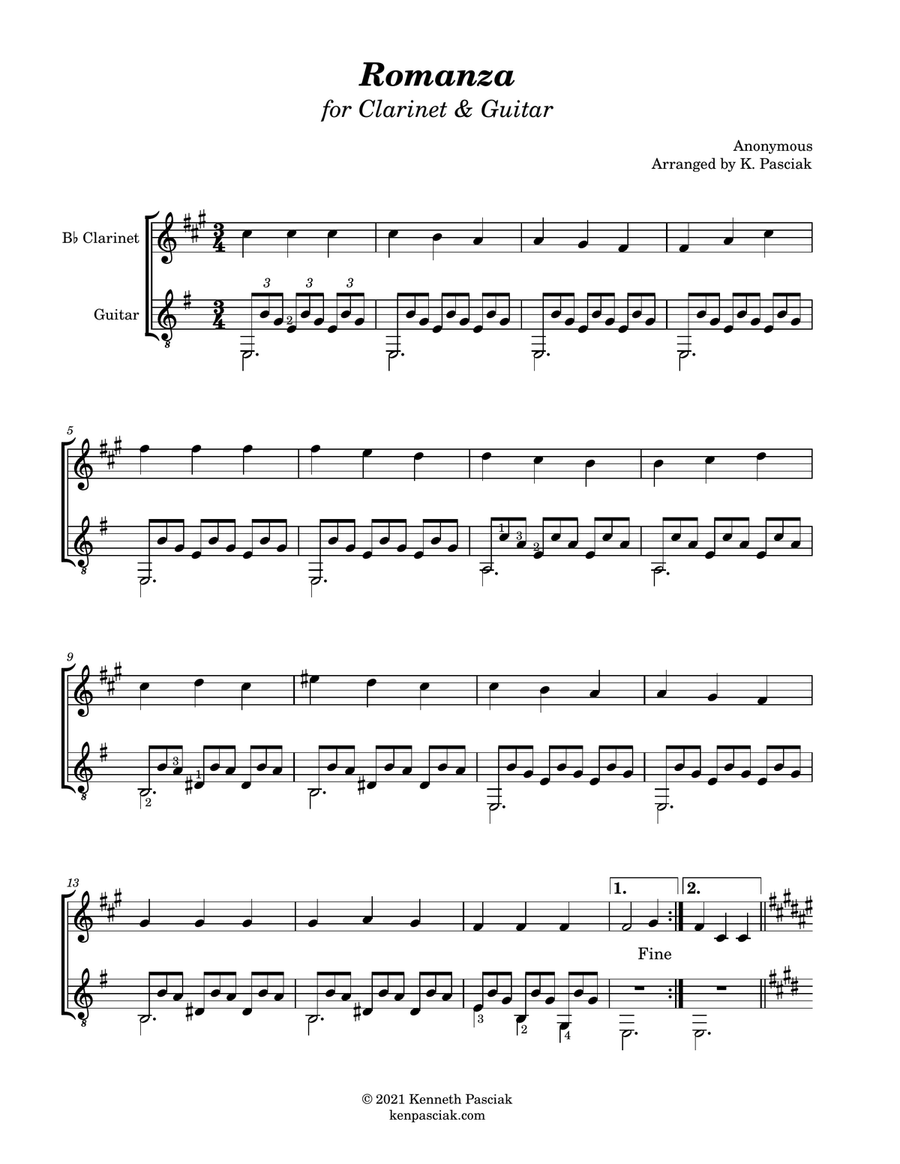 Romanza (for Clarinet and Guitar) B-Flat Clarinet scores gallery preview page 2