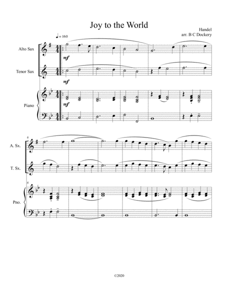 Joy to the World (alto and tenor sax duet) with optional piano accompaniment image number null