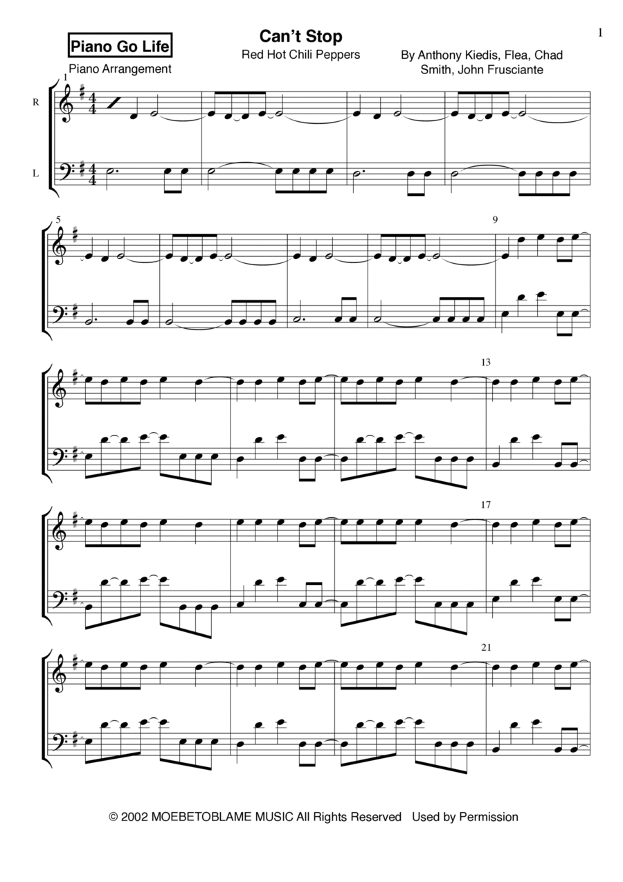 Can't Stop Piano Solo scores gallery preview page 1