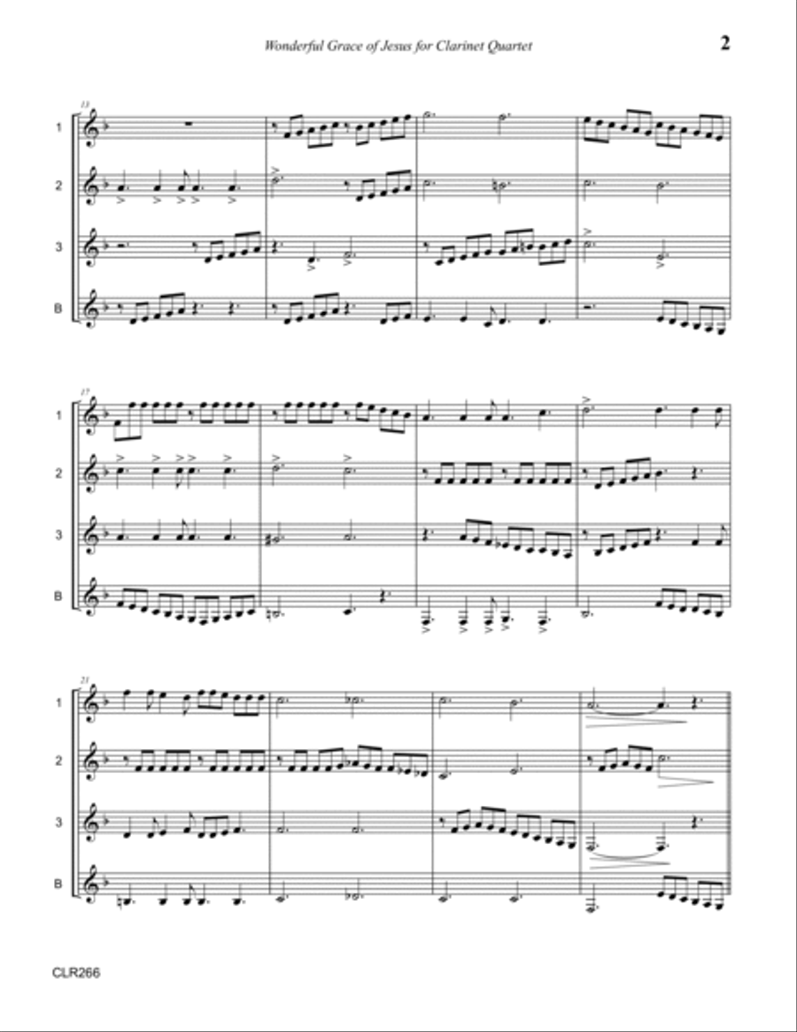 WONDERFUL GRACE OF JESUS - SSSS or SSSB CLARINET QUARTET (unaccompanied) Clarinet Quartet scores gallery preview page 2
