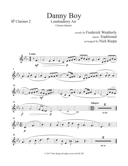 Danny Boy (Clarinet Quintet [Eb, Bb(2), B. Cl. & Cb. Cl.]) Bb Clarinet 2 part