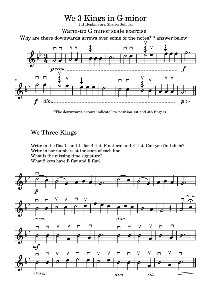 We Three Kings in G minor, with scale and theory tasks for grade 2-3 violinists