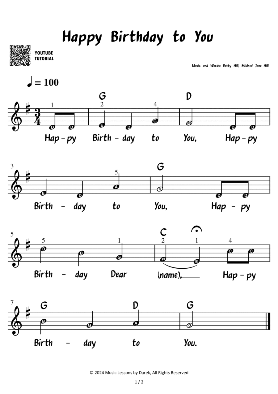 Happy Birthday to You (VERY EASY PIANO) [Patty Hill, Mildred Jane Hill] Easy Piano scores gallery preview page 1