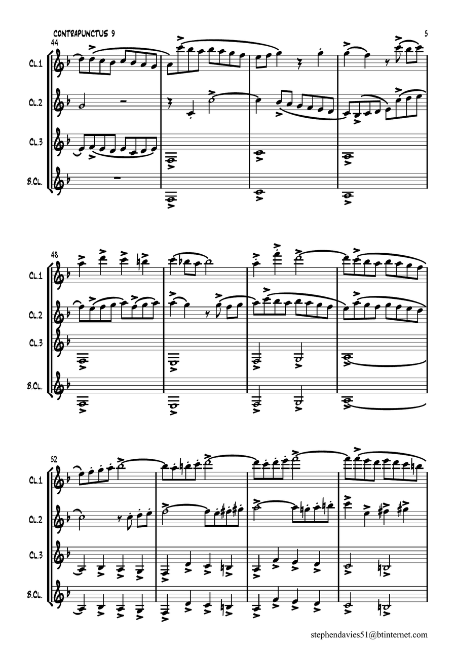 'Contrapunctus 9' By J.S.Bach BWV 1080 from 'The Art of the Fugue' for Clarinet Quartet. Clarinet Quartet scores gallery preview page 5