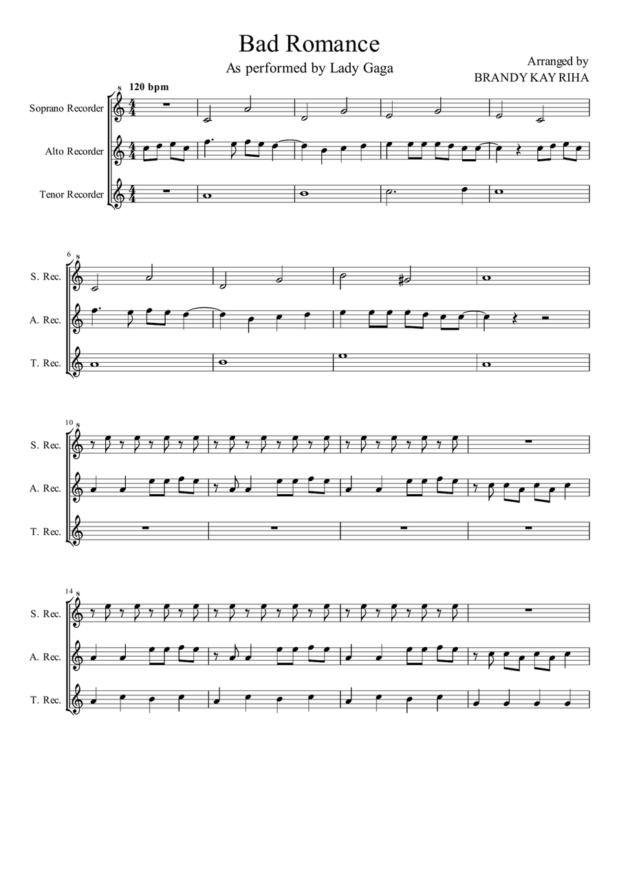 Bad Romance Recorder scores gallery preview page 1