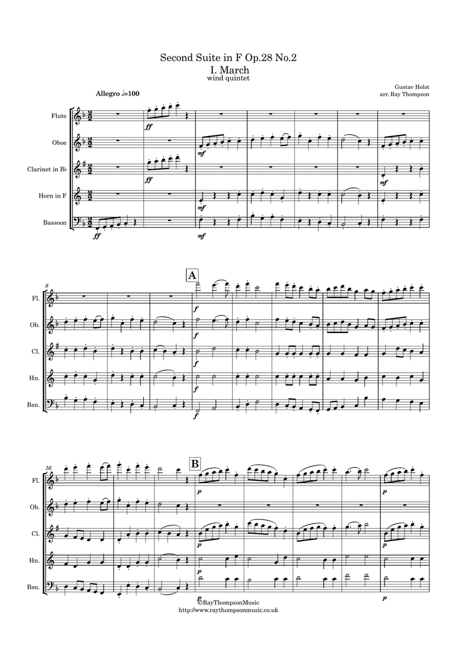 Holst: 2nd Suite in F Op. 28 No.2 (complete) - wind quintet Woodwind Quintet scores gallery preview page 3