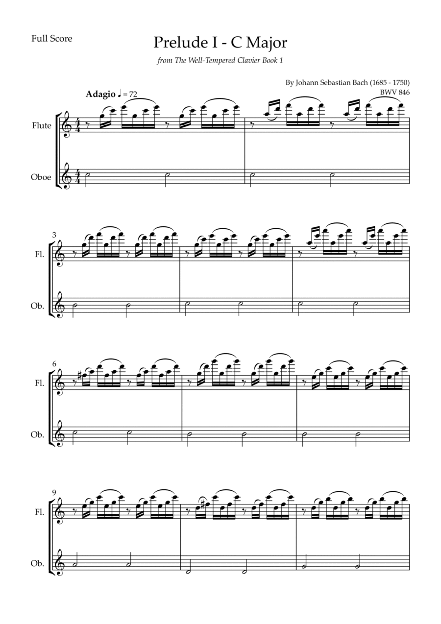 Prelude 1 in C Major BWV 846 (from Well-Tempered Clavier Book 1) for Flute & Oboe Duo Woodwind Duet scores gallery preview page 1
