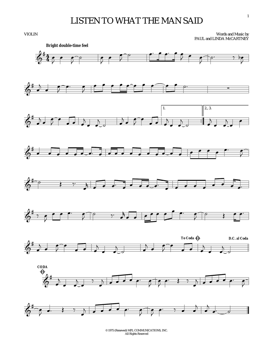 Listen To What The Man Said Violin Solo scores gallery preview page 1