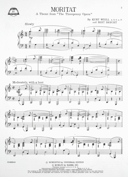 Moritat. A Theme From "The Threepenny Opera." Piano Solo