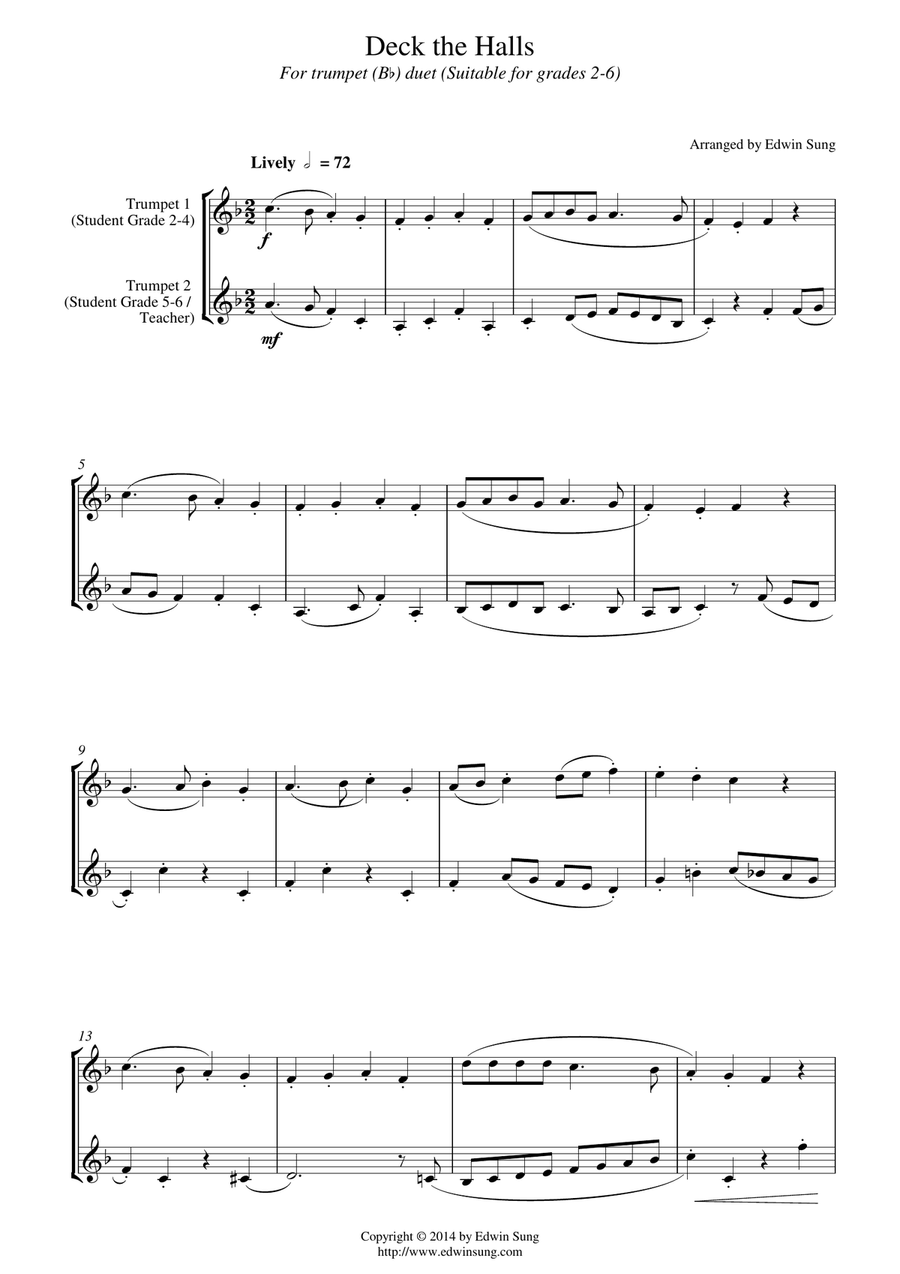 Deck the Halls (for trumpet (Bb) duet, suitable for grades 2-6) Trumpet Duet scores gallery preview page 1