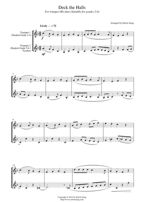 Deck the Halls (for trumpet (Bb) duet, suitable for grades 2-6)