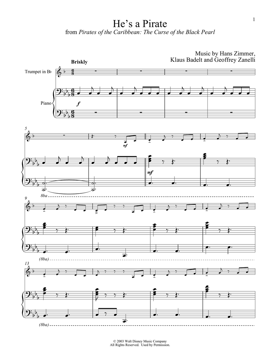 He's A Pirate (from Pirates Of The Caribbean: The Curse of the Black Pearl) Trumpet Solo scores gallery preview page 1