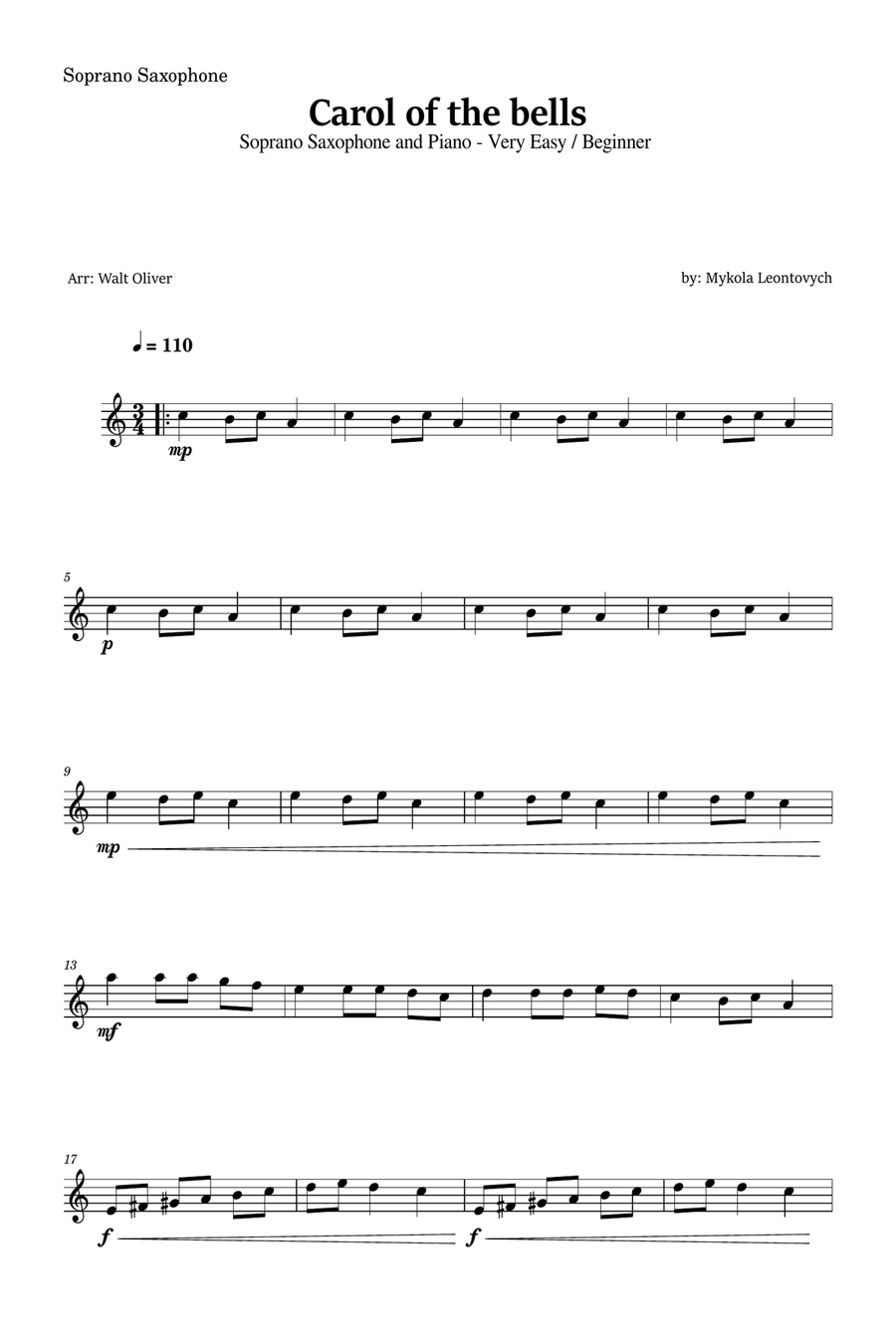 Carol of the Bells for Soprano Saxophone and Piano (Very Easy - Beginner) in G minor - With Chords Soprano Saxophone scores gallery preview page 4