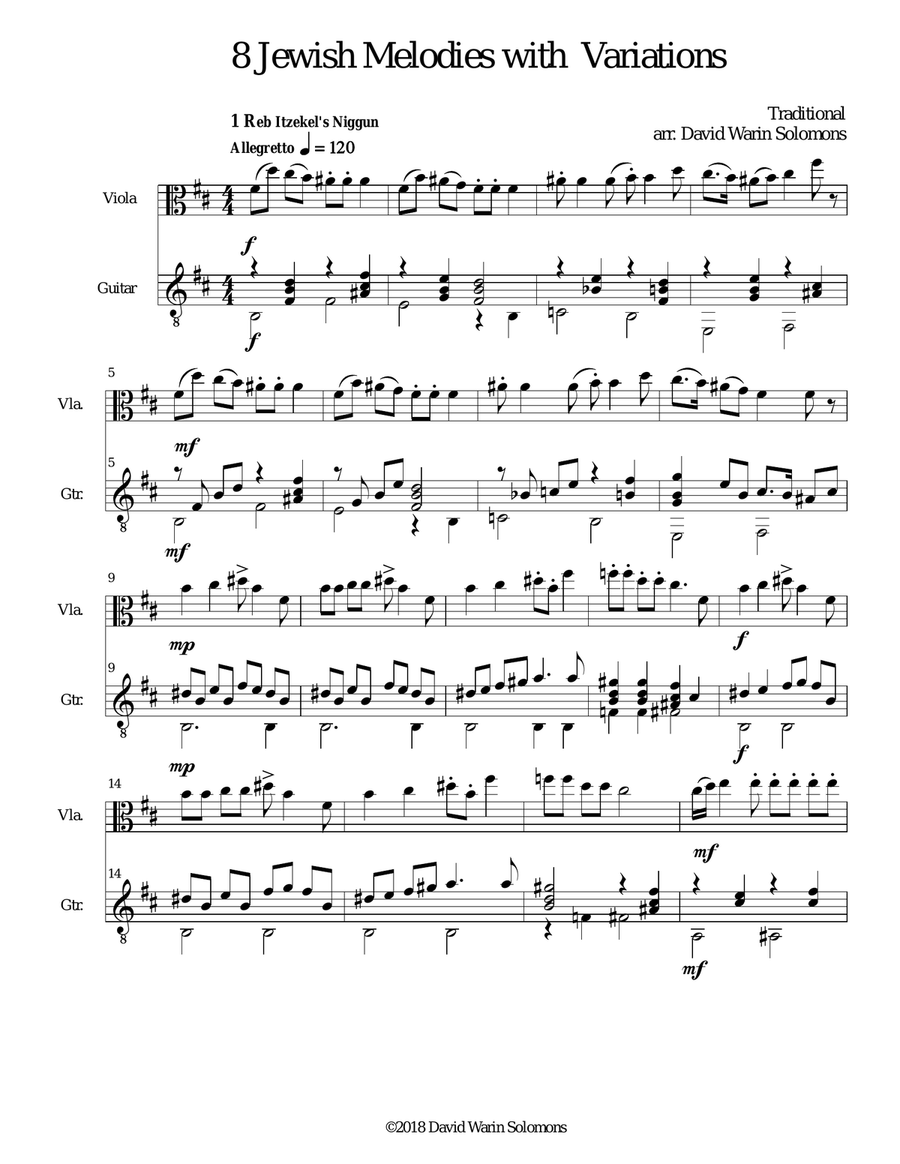 8 Jewish Melodies with Variations for viola and guitar String Duet scores gallery preview page 1