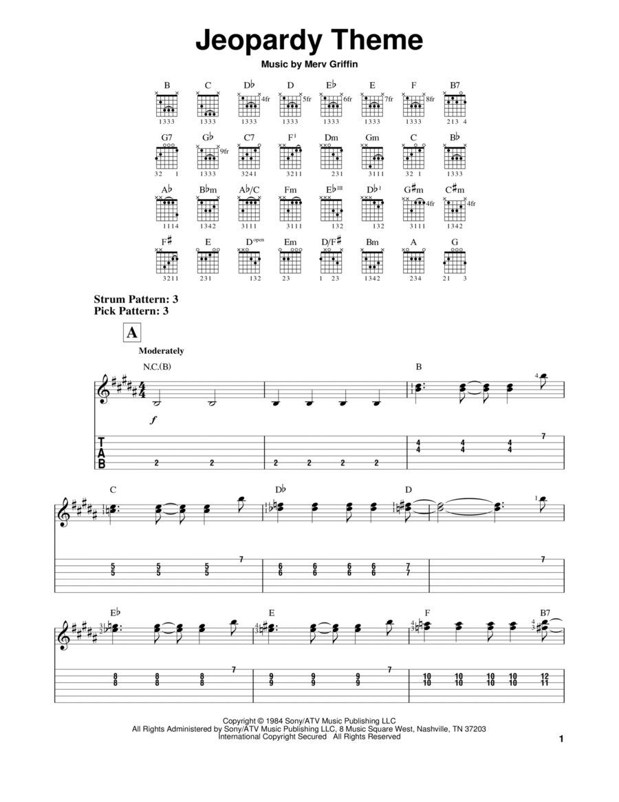 Jeopardy Theme Guitar Tablature scores gallery preview page 1