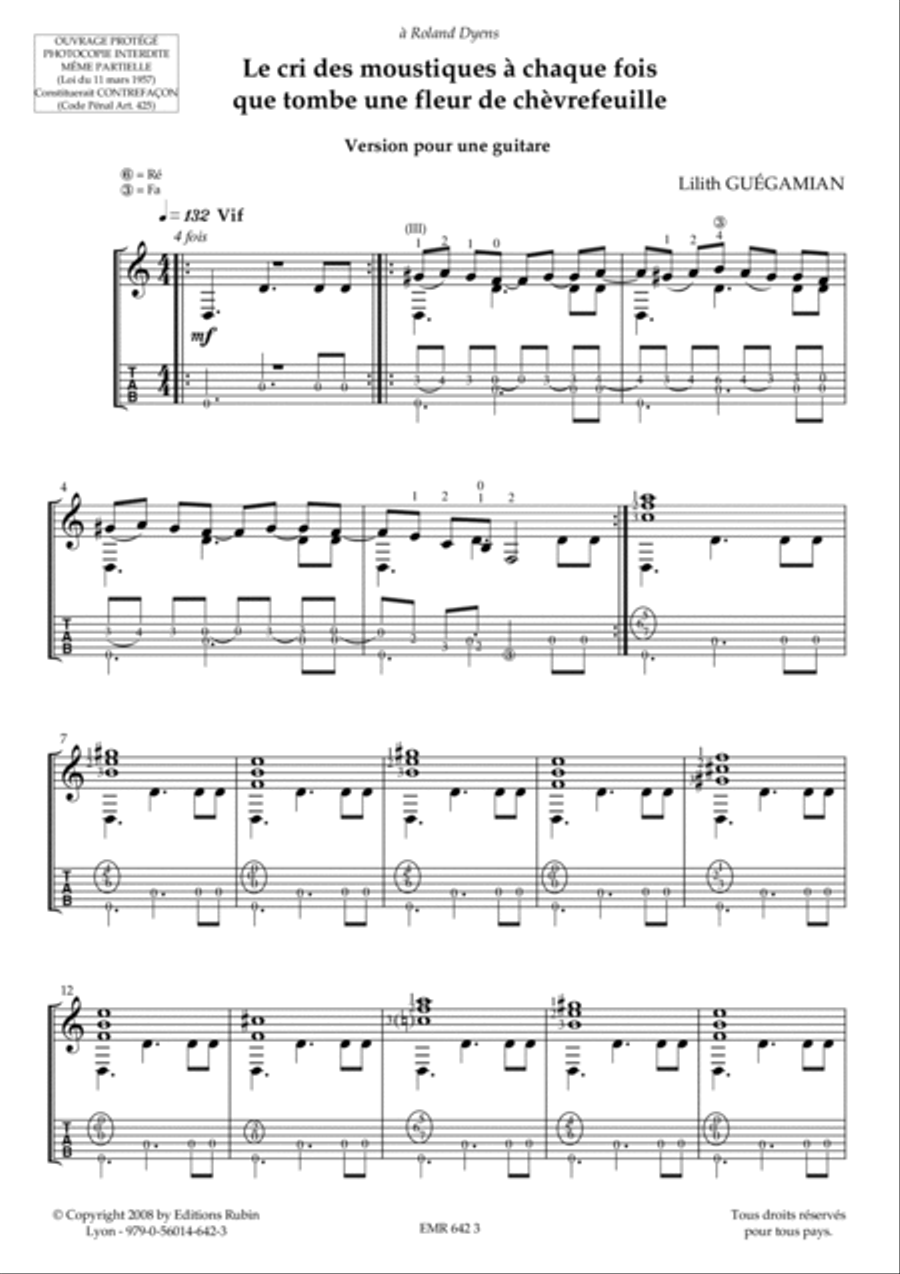 Le Cri des moustiques à chaque fois que tombe une fleur de chèvrefeuille pour guitare (avec tablature) Guitar Tablature scores gallery preview page 2