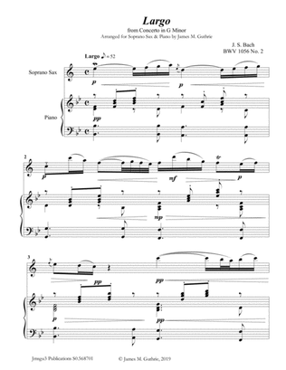 Book cover for Bach: Largo from Concerto BWV 1056 for Soprano Sax & Piano