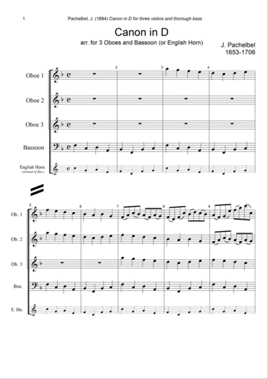 J. Pachelbel - Canon in D-dur, arr. for 3 Oboes & Bassoon (or English Horn) Woodwind Quartet scores gallery preview page 1