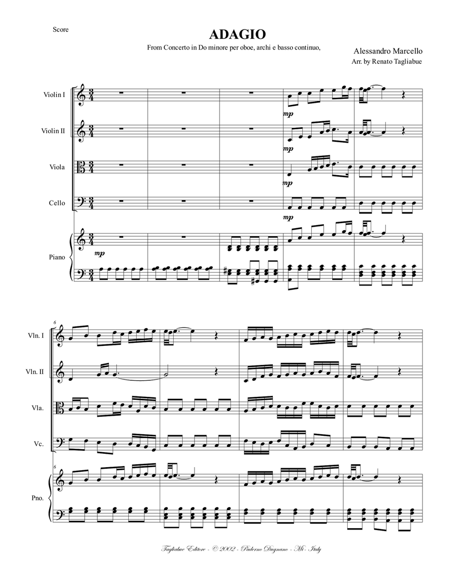 ADAGIO PER OBOE E ARCHI - A. Marcello - Arr. for String Quartet and Piano/Organ ADAGIO PER OBOE E ARCHI - A. Marcello - Arr. for String Quartet and Piano/Organ Chamber Orchestra scores gallery preview page 2