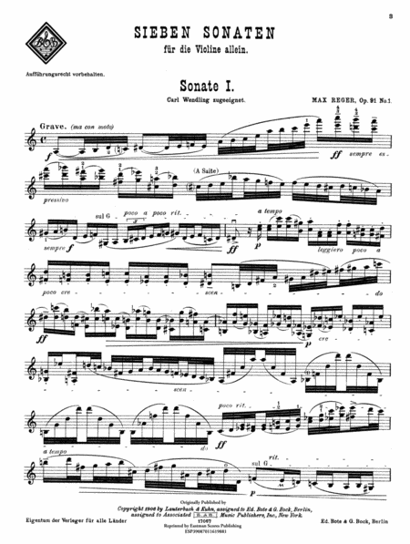 Sieben Sonaten fur die Violine allein, op. 91 by Max Reger Violin Solo - Sheet Music