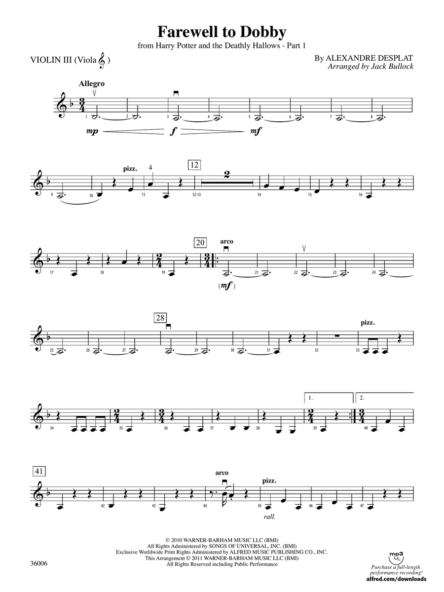 Farewell to Dobby (from Harry Potter and the Deathly Hallows, Part 1): 3rd Violin (Viola [TC])