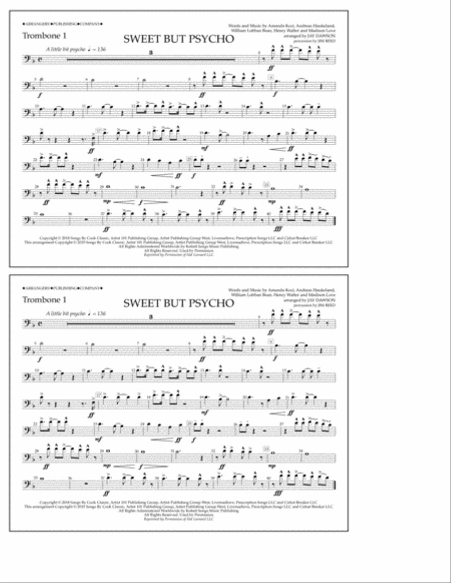 Sweet But Psycho (arr. Jay Dawson) - Trombone 1 Marching Band scores gallery preview page 1