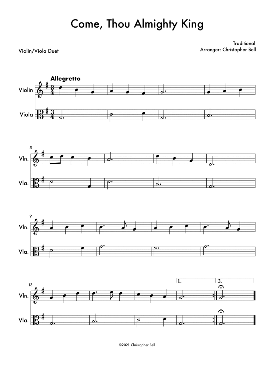 Come, Thou Almighty King - Easy Violin/Viola Duet String Duet scores gallery preview page 1