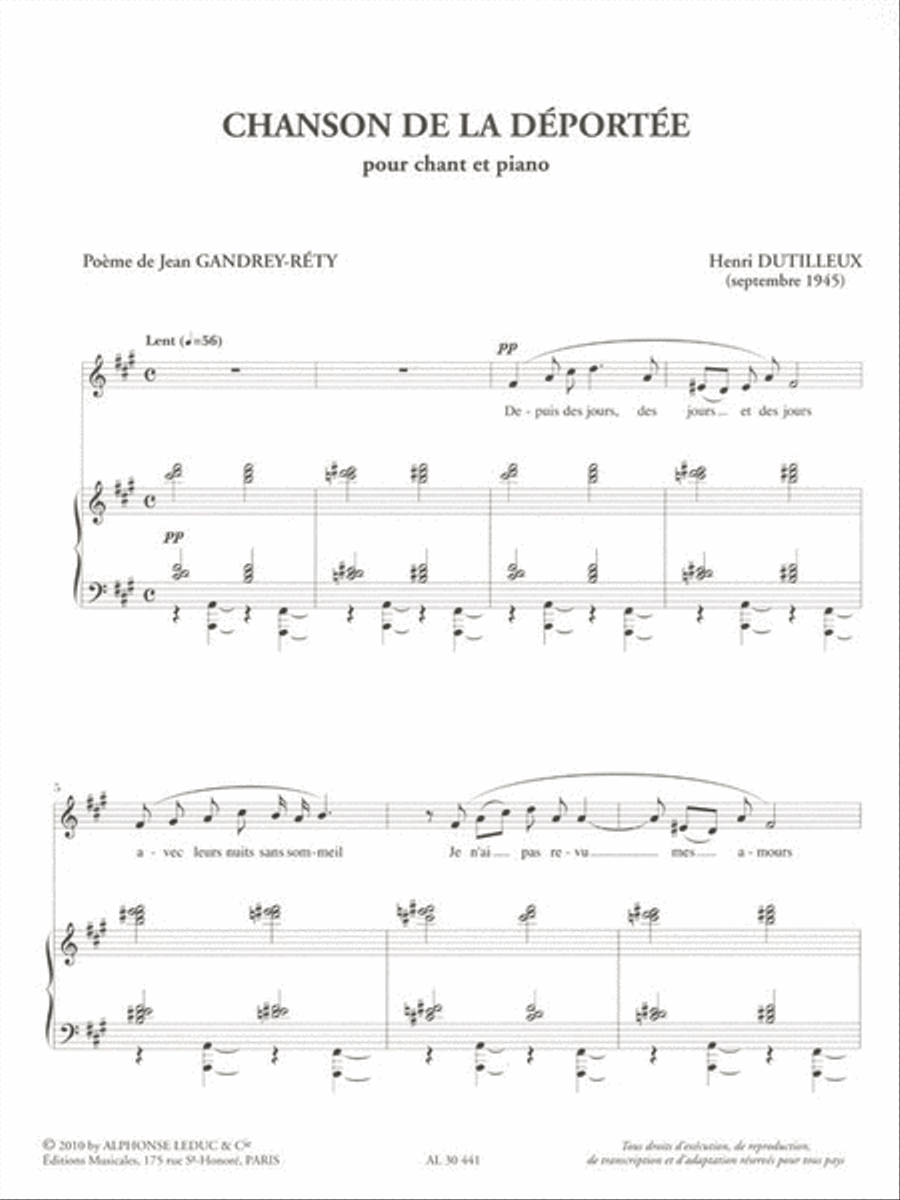 Dutilleux Henri Chanson De La Deportee Voice & Piano Book Voice scores gallery preview page 2