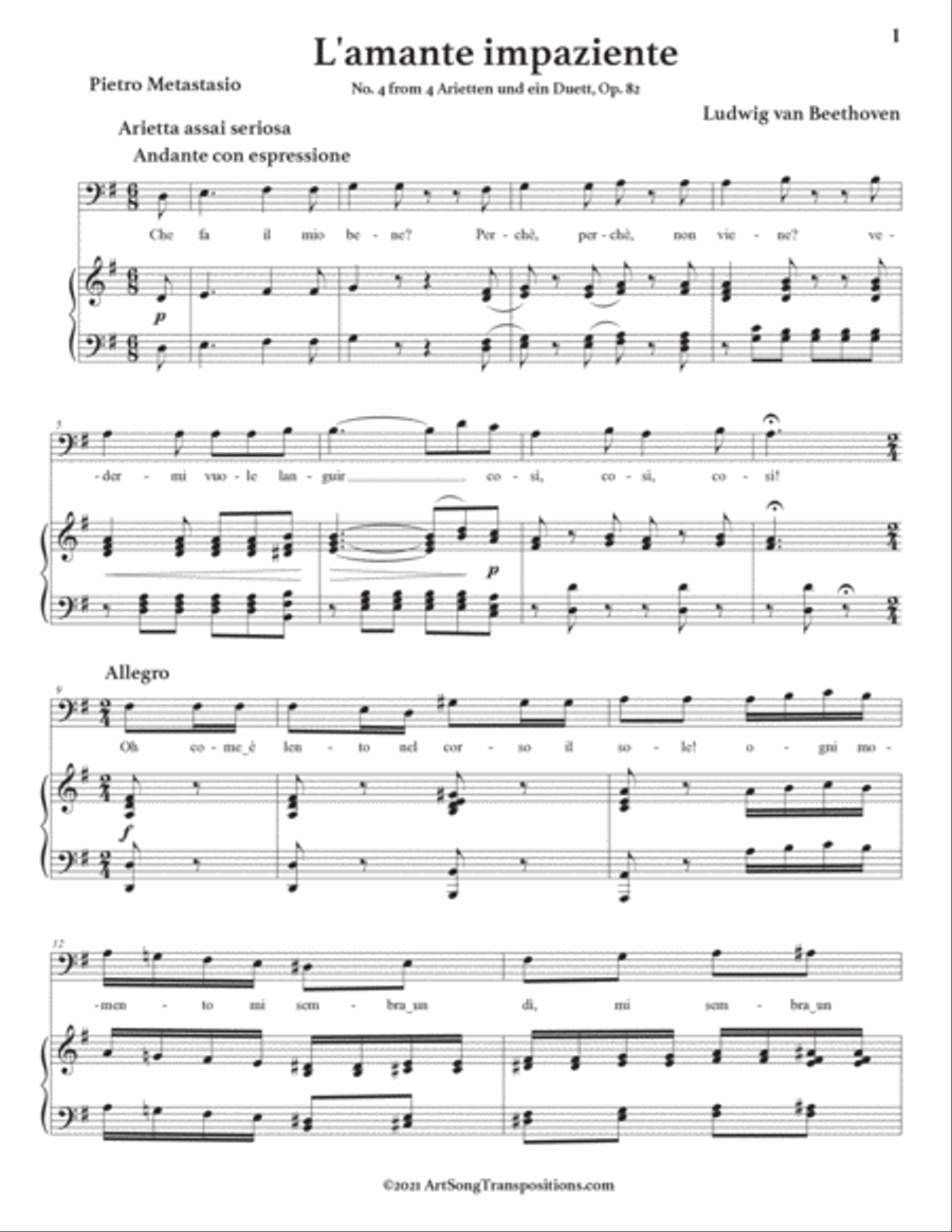 BEETHOVEN: L'amante impaziente, Op. 82 no. 4 (transposed to G major, bass clef) Voice scores gallery preview page 2