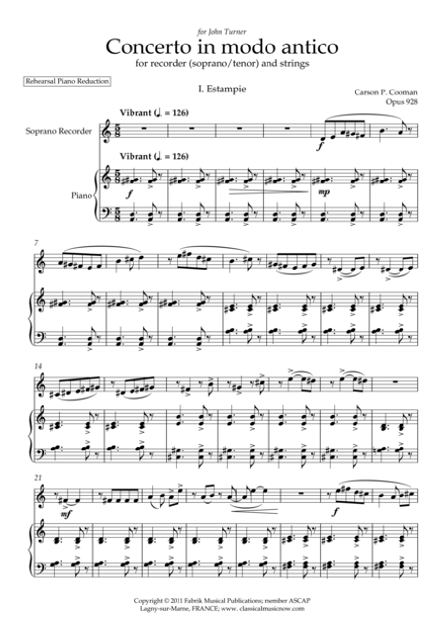 Carson Cooman : Concerto in modo antico (2011) for recorder (soprano or tenor) and strings, piano re Recorder scores gallery preview page 1