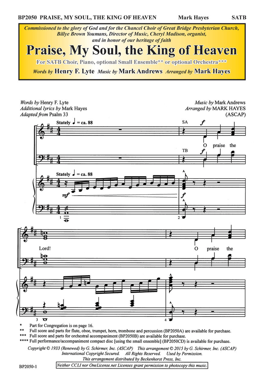 Praise, My Soul, the King of Heaven 4-Part scores gallery preview page 1