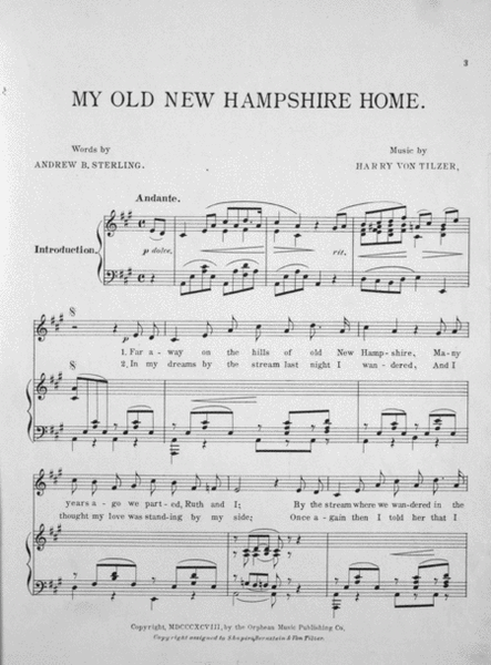 My Old New Hampshire Home. A Beautiful Sentimental Ballad