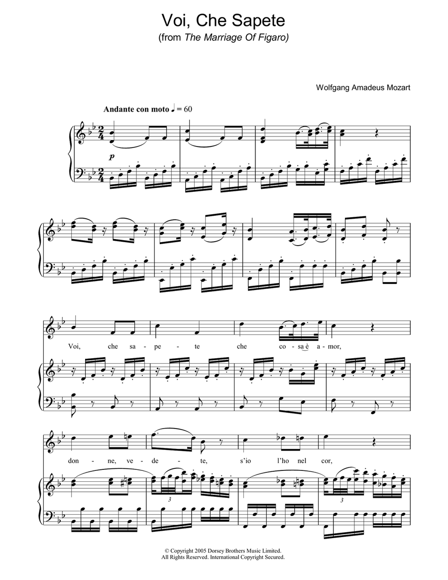Voi Che Sapete (from The Marriage Of Figaro) Piano, Vocal, Guitar scores gallery preview page 1